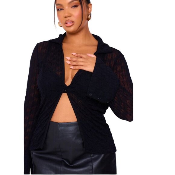 PrettyLittleThing Plus‎ Black Mesh Button Front Shirt - Size UK 20 (US 16) - Picture 2 of 7